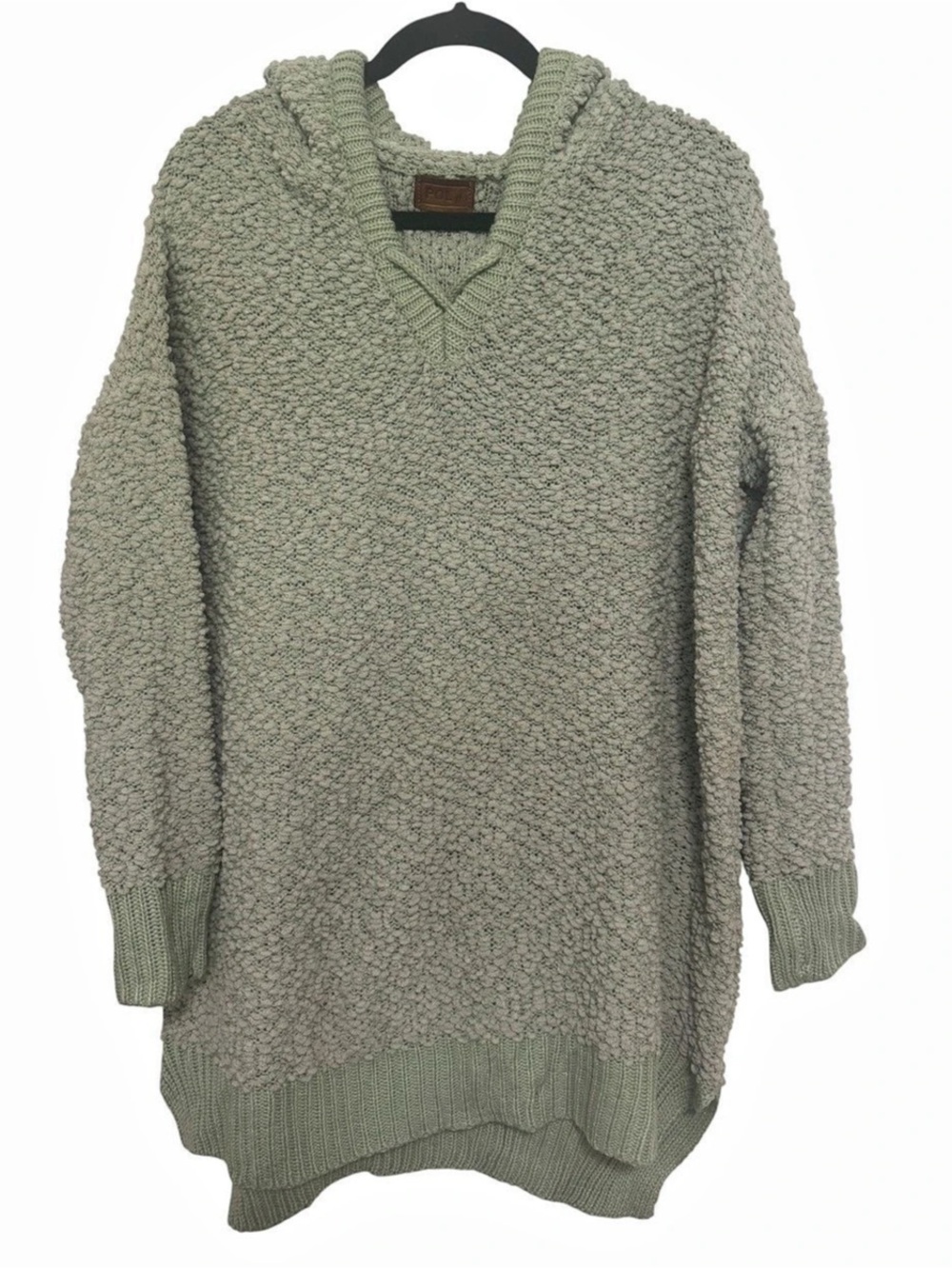 POL Clothing Popcorn Knit Hooded Sweater Sage Green Oversized V-Neck Hoodie Sz M